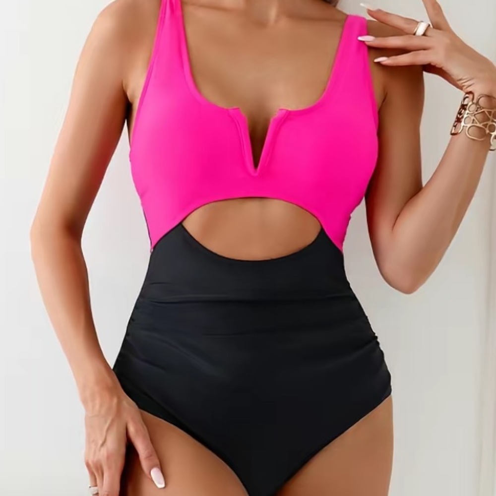 Women's Pink and Black One-Piece Swimsuit